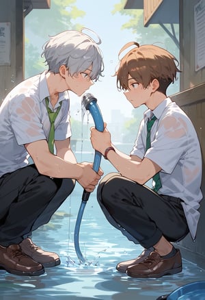 score_9, score_8_up, score_7_up, 2boys, (socks), ahoge, black pants, brown hair, bucket, collarbone, collared shirt, dated, from side, green necktie, grey hair, holding, holding hose, holding ice, hose, male focus, necktie, no jacket, pants, print shirt, shirt, short hair, squatting, standing, water, wet, white shirt,Expressiveh