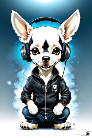 A dog wearing black headphones, Jean Baptiste Monge, Aldridge, Hiroyuki Imaishi, Ron English, Aykut Aydogdu,PECaricature