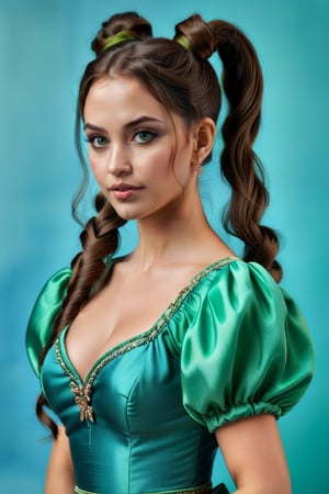 Raw photo, best quality, photorealistic, portrait of beautiful young brunette ((30 yo)) woman, long hair, two ponytails, queen dress green and rend