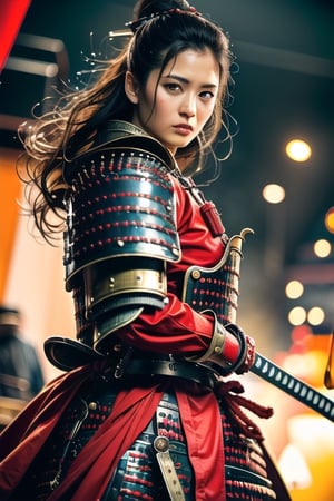 Mature Female, charming eyes, long hair, huge breasts, female samurai, samurai painting, swinging samurai sword, samurai armor, fighting position, bright lights, sharp focus, perfect shading, masterpiece, best quality, extremely detailed, highres, photorealistic, full body, photorealistic,photorealistic,horror,horror (theme)