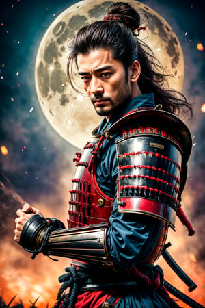 Asian male, muscler samurai, Manliness, charming eyes, long hair, beard, samurai, samurai armor, arms_raised, make a fist,  fullmoon, midnight, bright lights, sharp focus, perfect shading, masterpiece, best quality, extremely detailed, highres, photorealistic, full body, photorealistic,perfect