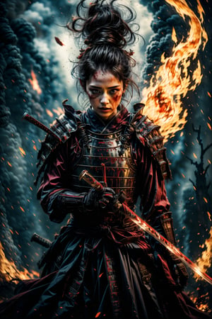 1 girl, charming eyes, cool face, short hair, female samurai, busty body shape, samurai painting, {holding long samurai sword}}, bright red samurai armor, (fighting position), killing , flames, sparkle, burning forest, mountain on fire, extremely bloody, bright lights, sharp focus, perfect shading, masterpiece, best quality, extremely detailed, highres, photorealistic, full body, photorealistic,photorealistic,horror,horror (theme)