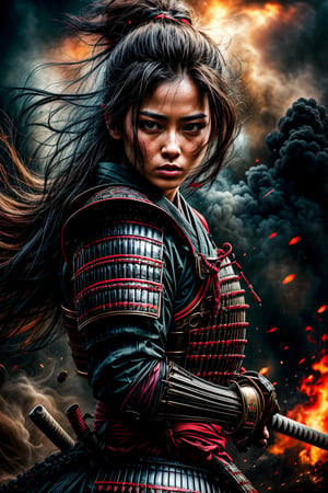 Female samurai, charming eyes, sexy lips, long hair, cool face, huge_breast, sideways, red samurai armour, swinging samurai sword, battle_stance, full_body, explorsion, flames, castle on fire, bright lights, sharp focus, perfect shading, masterpiece, best quality, extremely detailed, highres, photorealistic, hand,fingers,oil painting