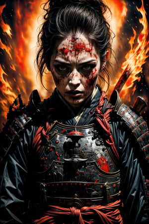 1 girl, charming eyes, short hair, female samurai, busty body shape, samurai painting, swinging samurai sword, black samurai armor, fighting position, killing people, flames , sparkle, extremely bloody, bright lights, sharp focus, perfect shading, masterpiece, best quality, extremely detailed, highres, photorealistic, full body, photorealistic,photorealistic,horror,horror (theme)