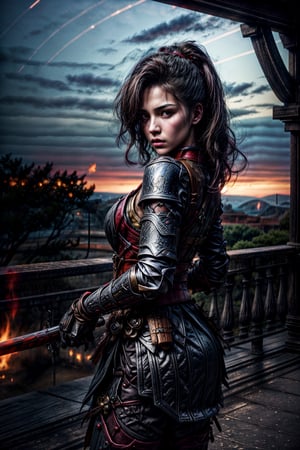 Female samurai, charming eyes, sexy lips, long hair, cool face, huge_breast, sideways, red samurai armour, swinging samurai sword, battle_stance, full_body, explorsion, flames, castle on fire, bright lights, sharp focus, perfect shading, masterpiece, best quality, extremely detailed, highres, photorealistic, hand,fingers,oil painting,bdo_warrior