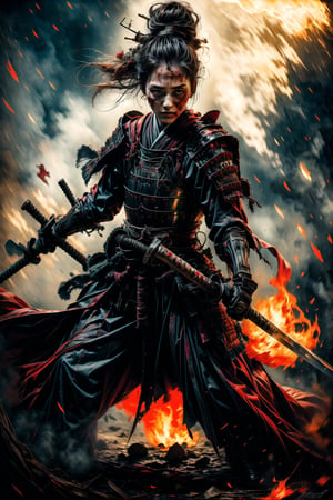 Mature Female, charming eyes, short hair, female samurai, samurai painting, swinging samurai sword, black samurai armor, fighting position, killing people, extremely bloody, bright lights, sharp focus, perfect shading, masterpiece, best quality, extremely detailed, highres, photorealistic, full body, photorealistic,photorealistic,horror,horror (theme)