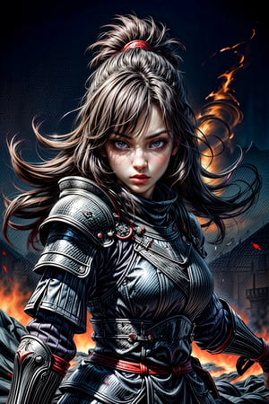 Female ninja, charming eyes, sexy lips, long hair, cool face, ninja armour, samurai sword, battle_stance, explorsion, flames, castle on fire, bright lights, sharp focus, perfect shading, masterpiece, best quality, extremely detailed, highres, photorealistic, hand,fingers,oil painting