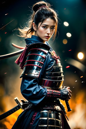 Mature Female, charming eyes, short hair, female samurai, samurai painting, swinging samurai sword, blue samurai armor, fighting position, bright lights, sharp focus, perfect shading, masterpiece, best quality, extremely detailed, highres, photorealistic, full body, photorealistic,photorealistic,horror,horror (theme)