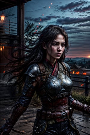 Female samurai, charming eyes, sexy lips, long hair, cool face, huge_breast, sideways, red samurai armour, swinging samurai sword, battle_stance, full_body, explorsion, flames, castle on fire, bright lights, sharp focus, perfect shading, masterpiece, best quality, extremely detailed, highres, photorealistic, hand,fingers,oil painting,bdo_warrior