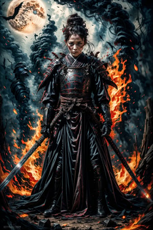 1 girl, charming eyes, cool face, short hair, female samurai, busty body shape, samurai painting, {holding long samurai sword}}, bright red samurai armor, (fighting position), killing , flames, sparkle, burning forest, mountain on fire, extremely bloody, bright lights, sharp focus, perfect shading, masterpiece, best quality, extremely detailed, highres, photorealistic, full body, photorealistic,photorealistic,horror,horror (theme)