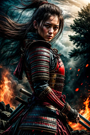 Female samurai, charming eyes, sexy lips, long hair, cool face, huge_breast, sideways, red samurai armour, swinging samurai sword, battle_stance, full_body, canon shelling, explorsion, flames, pirate ship on fire, bright lights, on the sea, sharp focus, perfect shading, masterpiece, best quality, extremely detailed, highres, photorealistic, hand,fingers,oil painting,perfect