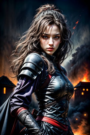 Female ninja, charming eyes, sexy lips, long hair, cool face, ninja armour, samurai sword, battle_stance, explorsion, flames, castle on fire, bright lights, sharp focus, perfect shading, masterpiece, best quality, extremely detailed, highres, photorealistic, hand,fingers,oil painting