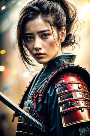 Mature Female, charming eyes, short hair, female samurai, samurai painting, swinging samurai sword, blue samurai armor, fighting position, bright lights, sharp focus, perfect shading, masterpiece, best quality, extremely detailed, highres, photorealistic, full body, photorealistic,photorealistic,horror,horror (theme)