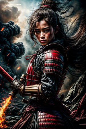 Female samurai, charming eyes, sexy lips, long hair, cool face, huge_breast, sideways, red samurai armour, swinging samurai sword, battle_stance, full_body, explorsion, flames, pirate ship on fire, bright lights, on the sea, sharp focus, perfect shading, masterpiece, best quality, extremely detailed, highres, photorealistic, hand,fingers,oil painting