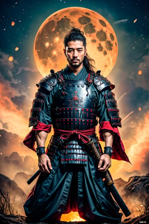 Asian male, muscler samurai, Manliness, charming eyes, long hair, beard, samurai, samurai armor, arms_raised, make a fist,  fullmoon, midnight, bright lights, sharp focus, perfect shading, masterpiece, best quality, extremely detailed, highres, photorealistic, full body, photorealistic,perfect