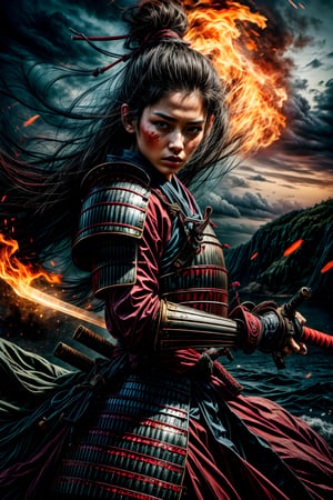 Female samurai, charming eyes, sexy lips, long hair, cool face, huge_breast, sideways, red samurai armour, swinging samurai sword, battle_stance, full_body, explorsion, flames, pirate ship on fire, bright lights, on the sea, sharp focus, perfect shading, masterpiece, best quality, extremely detailed, highres, photorealistic, hand,fingers,oil painting