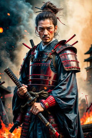 Old man (elder), muscler samurai, Manliness, charming eyes, {{white hair, white beard}}, cool face, (full body), samurai, samurai armor, holding samurai sword, extremely bloody, Japan street, town on fire, bright lights, masterpiece, Best Quality, ultra-detailed, finely detailed, high resolution, sharp-focus, glowing forehead, perfect shading, highres, photorealistic