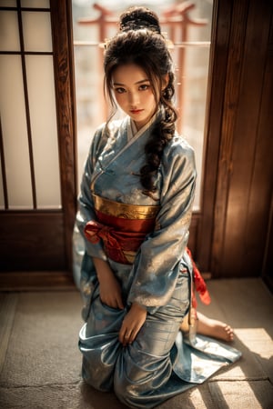 1girl, Sweet face, charming eyes{beautiful and detailed eyes}, eye smile((friendly and charming)), sexy lips, delicate facial features, seiza((model pose, sitting and kneeling on the floor)), busty body type, long hair(dark hair:1.2),  long ponytail, curly hair, beautiful hanfu(red, transparent), japan temple (inside room), fine traditional table{calligraphy painting on table}, teapot on table, flim grain, looking to audience, masterpiece, Best Quality, natural and soft light photorealistic, ultra-detailed, finely detailed, high resolution, sharp-focus, glowing forehead, perfect shading, highres, photorealistic,perfect,midjourney,hand,fingers