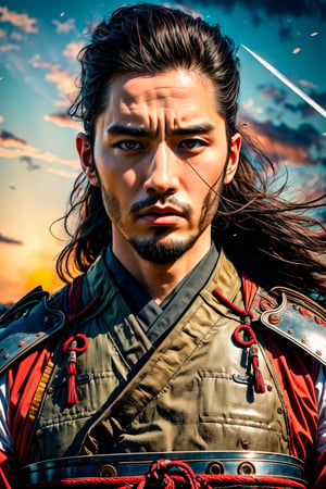 british male, muscler samurai, Manliness, charming eyes, long hair, beard, samurai, samurai armor, samurai sword, near edge from hill, japan coast, sunset, beautiful sea, bright lights, sharp focus, perfect shading, masterpiece, best quality, extremely detailed, highres, photorealistic, full body, photorealistic,perfect