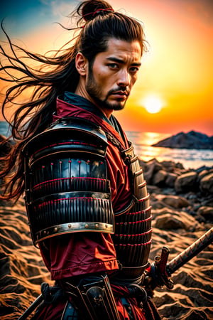 british male, muscler samurai, Manliness, charming eyes, long hair, beard, samurai, samurai armor, samurai sword, near edge from hill, japan coast, sunset, beautiful sea, bright lights, sharp focus, perfect shading, masterpiece, best quality, extremely detailed, highres, photorealistic, full body, photorealistic,perfect