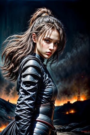 Female ninja, charming eyes, sexy lips, long hair, cool face, ninja armour, samurai sword, battle_stance, explorsion, flames, castle on fire, bright lights, sharp focus, perfect shading, masterpiece, best quality, extremely detailed, highres, photorealistic, hand,fingers,oil painting