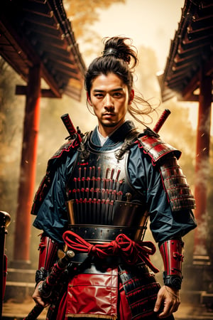 Asian male, muscler samurai, Manliness, charming eyes, long hair, beard, samurai, samurai painting, samurai sword, samurai armor, battle position, sunset, Japan temple on fire, bright lights, sharp focus, perfect shading, masterpiece, best quality, extremely detailed, highres, photorealistic, full body, photorealistic,perfect