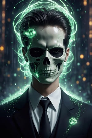 Generate hyper realistic image of a solo, skull-faced lawyer. The boy's visage is adorned with emanating an ethereal glow. Wisps of characters like in the movie "the matrix" surround him, creating an otherworldly atmosphere.