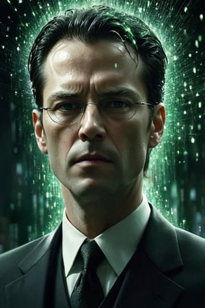 Generate hyper realistic image of a solo, 50 year old lawyer. The man's visage is adorned with emanating an ethereal glow. Wisps of characters like in the movie "the matrix" surround him, creating an otherworldly atmosphere. He has a grumpy face and looks like pure evil. He has holes instead of eyes. Drool runs out of his mouth.