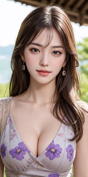 Masterpiece, highest quality, 1 girl, solo, 18 years old, beautiful korean girl, {beautiful and delicate eyes}, long hair, brown hair, blunt bangs, earrings, jewelry, big breasts, calm expression, natural soft light, exquisite facial features, seductive human face, smiling eyes, open lips, looking at the viewer, normal body structure, correct proportions, attractive body shape, sweaty skin, film grain, {normal limbs and fingers}, cleavage exposed, realism, beautiful, detailed, realistic, full body shot, scenic view, lavender floral print dress, floral print dress