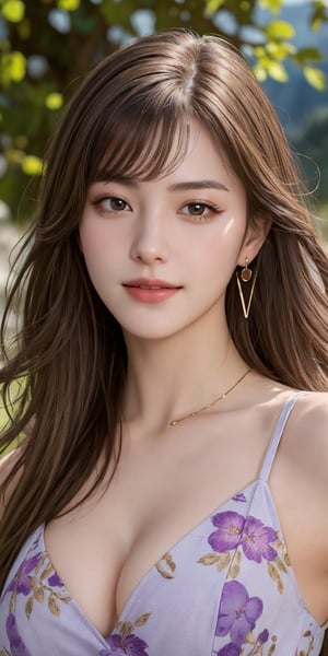 Masterpiece, highest quality, 1 girl, solo, 18 years old, beautiful korean girl, {beautiful and delicate eyes}, long hair, brown hair, blunt bangs, earrings, jewelry, big breasts, calm expression, natural soft light, exquisite facial features, seductive human face, smiling eyes, open lips, looking at the viewer, normal body structure, correct proportions, attractive body shape, sweaty skin, film grain, {normal limbs and fingers}, cleavage exposed, realism, beautiful, detailed, realistic, full body shot, scenic view, lavender floral print dress, floral print dress