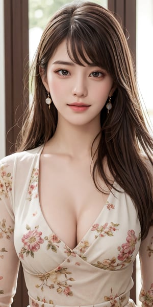 Masterpiece, highest quality, 1 girl, solo, 18 years old, beautiful korean girl, {beautiful and delicate eyes}, long hair, brown hair, blunt bangs, earrings, jewelry, big breasts, calm expression, natural soft light, exquisite facial features, seductive human face, smiling eyes, open lips, looking at the viewer, normal body structure, correct proportions, attractive body shape, sweaty skin, film grain, {normal limbs and fingers}, cleavage exposed, realism, beautiful, detailed, realistic, full body shot, scenic view, lavender floral print dress, floral print dress