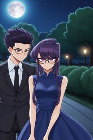 man and woman burned. light skinned man with black frame glasses, scar on left eye runs across top and bottom, intense expressive eyes, sharp femininity, dark iris, long spiky hair with a long pointy tuft pointing down, jet black hair, DARK GREY shirt, BLACK VEST. Woman smiles happily, purple eyes sweet joyful happy expression, long straight hair, tuft down to forehead, very dark purple hair, sleeveless dress, navy blue dress, dress with gold details, dress with cut dress on the chest leaving it uncovered. background: clear night, park, lights, bushes full moon