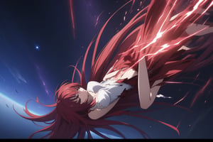 masterpiece, (intricate details, more details), cinematic lighting, extremely detailed 8k CG wallpaper, cinema, redhead woman sleeping, white strapless t-shirt red short skirt torn, straight long red hair, falling, destroyed clothes with blood, woman redhead injured with blood wounds, torn destroyed clothes, space, magic, purple, dark purple background, thunder, lightning.,RIAS GREMORY