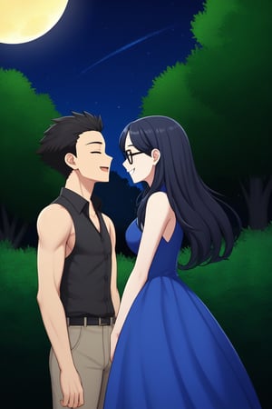 Man and woman smiling in a way, man with black frame glasses, scar on the left eye that goes across the top and bottom, black hair, spiky with a pointy tuft down, dark grey shirt with a black vest, woman smiles widely and eyes closed with a sweet and happy expression, long hair, straight tuft up to the forehead very dark purple, sleeveless navy blue dress with gold details, opening in the chest leaving it uncovered. Background: clear night, park, lights, bushes full moon
