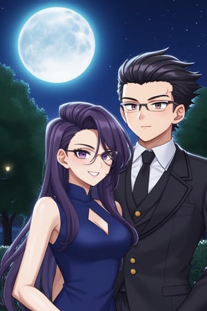 man and woman burning. light skinned man with black frame glasses, scar on left eye runs across top and bottom, intense expressive eyes, sharp femininity, dark iris, long spiky hair with a long pointy tuft pointing down, jet black hair, DARK GREY shirt, BLACK VEST. Woman smiles happily, purple eyes sweet joyful happy expression, long straight hair, tuft down to forehead, very dark purple hair, sleeveless dress, navy blue dress, dress with gold details, dress with cut out dress on chest leaving it uncovered. couple, together, background: clear night, park, lights, bushes, full moon