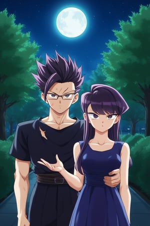 Man and woman hug. Light skinned man with black framed glasses, scar on left eye running across top and bottom, intense eyes, serious and sharp look, dark iris, long spiky jet black hair with a long spiky lock pointing down, jet black hair, DARK GREY t-shirt, BLACK VEST. Woman smiles happily, purple eyes, sweet and cheerful expression, long straight hair, lock reaching to forehead, very dark purple hair, sleeveless dress, navy blue dress, dress with gold details, dress with cut on chest leaving it exposed. background: clear night, park, lights, bushes, full moon, shouko komi, sayan, future, green clothes, blue clothes, sayamanglases, source_anime, score_7_up, score_8_up, score_9