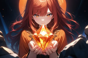 masterpiece, absurd, (intricate details), cinematic lighting, extremely detailed 8k CG wallpaper, redhead woman with object, rock, single, vivid colors, orange color, dark background, gemstone, small, held in hand