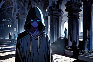 Ghost man, hooded, mysterious, dark hood, dark blue skin, gloomy, shadows, mysterious smile, only mouth, serious appearance, arrogant smile, blue eyes, taking background: blue and white castle, pillars, small table