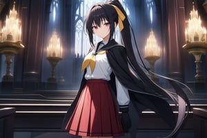 masterpiece, absurd, (intricate details), cinematic lighting, extremely detailed 8k CG wallpaper, akenohimejima, black hair, very long hair, ponytail, school uniform, red skirt, ponytail, white shirt, black cape, yellow ribbon, slight smile, akeno himejima, interior, dark castle, shadows, looking at viewer, alone