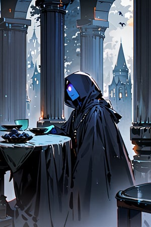 ghost man, hooded, mysterious, dark hood, light blue skin, gloomy, mysterious smile, mouth only, background: blue and white castle, pillars, small table