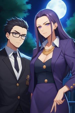 man and woman burned.
light skinned man with black frame glasses,
scar on left eye runs through the top and bottom,
intense and expressive eyes, serious sharp look,
dark iris, mature and serious expression,
mature and serious face, long spiky hair with a long pointed tuft pointing down BLACK COLOR, DARK GREY shirt with a BLACK VEST. Woman smiles happily PROUD, purple eyes sweet and happy expression PROUD, long straight hair, tuft down to forehead very dark purple COLOR, SLEEVELESS dress navy blue color with gold details, OPENING in chest leaving it uncovered. background: clear night, park, lights, bushes full moon,source_anime,score_7_up,score_8_up,score_9