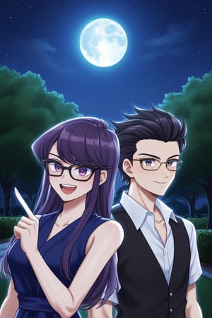 man and woman burning. light skinned man with black frame glasses, scar on left eye runs across top and bottom, intense expressive eyes, sharp femininity, dark iris, long spiky hair with a long pointy tuft pointing down, jet black hair, DARK GREY shirt, BLACK VEST. Woman smiles happily, purple eyes sweet joyful happy expression, long straight hair, tuft down to forehead, very dark purple hair, sleeveless dress, navy blue dress, dress with gold details, dress with cut out dress on chest leaving it uncovered. couple, together, background: clear night, park, lights, bushes, full moon