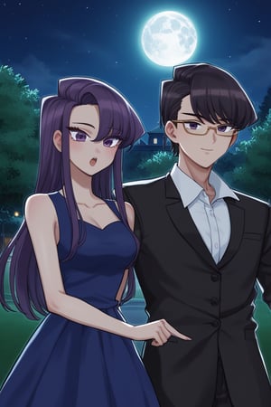 man and woman burning. light skinned man with black frame glasses, scar on left eye runs across top and bottom, intense expressive eyes, sharp femininity, dark iris, long spiky hair with a long pointy tuft pointing down, jet black hair, DARK GREY shirt, BLACK VEST. Woman smiles happily, purple eyes sweet joyful happy expression, long straight hair, tuft down to forehead, very dark purple hair, sleeveless dress, navy blue dress, dress with gold details, dress with cut out dress on chest leaving it uncovered. couple, together, background: clear night, park, lights, bushes, full moon