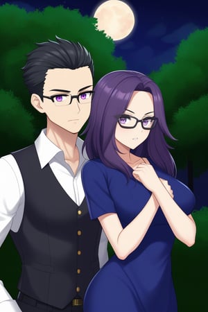 man and woman burned.
light skinned man with black frame glasses,
scar on left eye runs through the top and bottom,
intense and expressive eyes, serious sharp look,
dark iris, mature and serious expression,
mature and serious face, black hair, long spiky with a long tuft pointing down, dark grey shirt with a black vest. Woman smiles widely and purple eyes sweet and cheerful expression, long, straight, very dark purple hair, tuft down to forehead, sleeveless navy blue dress with gold details, opening in chest leaving it uncovered. background: clear night, park, lights, bushes, full moon