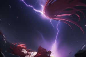 masterpiece, (intricate details, more details), cinematic lighting, extremely detailed 8k CG wallpaper, cinema, redhead woman sleeping, white strapless t-shirt red short skirt torn, falling, destroyed clothes with blood, injured redhead woman with wounds blood, torn destroyed clothes, space, magic, purple, dark purple background, thunder, lightning.,RIAS GREMORY