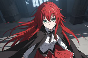 red haired woman, long hair, hair between eyes, green eyes, red hair, shirt, ribbon, school uniform, white shirt, black ribbon, ribbon on neck, cape, black cape, long sleeves, skirt, red skirt, interior, dark castle, shadows, looking at viewer, alone, RIAS GREMORY