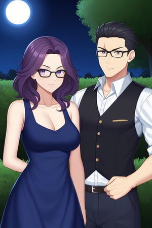 man and woman burned. light skinned man with black frame glasses, scar on left eye runs through the top and bottom, intense and expressive eyes, serious sharp look, dark iris, mature and serious expression, mature and serious face, black hair, long spiky with a long tuft pointing down, dark grey shirt with a black vest. Woman smiles widely and purple eyes sweet and cheerful expression, long, straight, very dark purple hair, tuft down to forehead, sleeveless navy blue dress with gold details, opening in chest leaving it uncovered. background: clear night, park, lights, bushes, full moon
