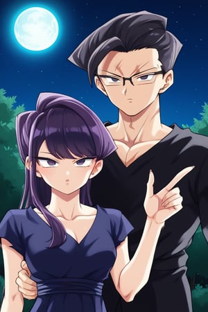 Man and woman hug. Light skinned man with black framed glasses, scar on left eye running across top and bottom, intense eyes, serious and sharp look, dark iris, long spiky jet black hair with a long spiky lock pointing down, jet black hair, DARK GREY t-shirt, BLACK VEST. Woman smiles happily, purple eyes, sweet and cheerful expression, long straight hair, lock reaching to forehead, very dark purple hair, sleeveless dress, navy blue dress, dress with gold details, dress with cut on chest leaving it exposed. background: clear night, park, lights, bushes, full moon, shouko komi, sayan, future, green clothes, blue clothes, sayamanglases, source_anime, score_7_up, score_8_up, score_9