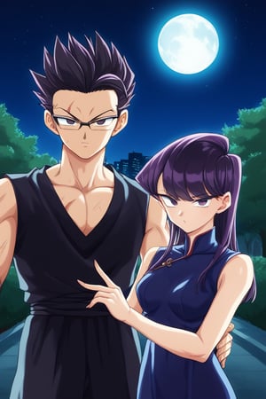 Man and woman hug. Light skinned man with black framed glasses, scar on left eye running across top and bottom, intense eyes, serious and sharp look, dark iris, long spiky jet black hair with a long spiky lock pointing down, jet black hair, DARK GREY t-shirt, BLACK VEST. Woman smiles happily, purple eyes, sweet and cheerful expression, long straight hair, lock reaching to forehead, very dark purple hair, sleeveless dress, navy blue dress, dress with gold details, dress with cut on chest leaving it exposed. background: clear night, park, lights, bushes, full moon, shouko komi, sayan, future, green clothes, blue clothes, sayamanglases, source_anime, score_7_up, score_8_up, score_9