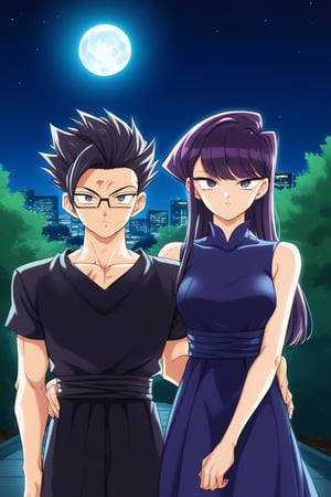 Man and woman hug. Light skinned man with black framed glasses, scar on left eye running across top and bottom, intense eyes, serious and sharp look, dark iris, long spiky jet black hair with a long spiky lock pointing down, jet black hair, DARK GREY t-shirt, BLACK VEST. Woman smiles happily, purple eyes, sweet and cheerful expression, long straight hair, lock reaching to forehead, very dark purple hair, sleeveless dress, navy blue dress, dress with gold details, dress with cut on chest leaving it exposed. background: clear night, park, lights, bushes, full moon, shouko komi, sayan, future, green clothes, blue clothes, sayamanglases, source_anime, score_7_up, score_8_up, score_9